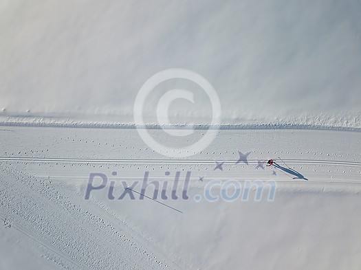 Cross-country skiing: young woman cross-country skiing on a winter day (motion blurred image) - aerial image Cross-country skiing: young woman cross-country skiing on a winter day (motion blurred image) - aerial image