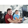 startup business, two male software developers working on computer at new modern open plan office