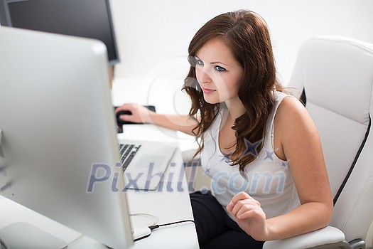 Young woman working on a computer in a home office Young woman working on a computer in a home office