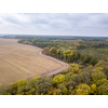 Aerial view from a drone above agricultural areas after harvesting with cultivated fields and autumn trees with yellow fallen leaves.