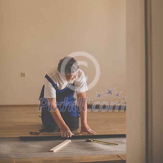 DIY, repair, building and home concept - senior man lying parquet floor board/laminate flooring (shallow DOF; color toned image) DIY, repair, building and home concept - senior man lying parquet floor board/laminate flooring (shallow DOF; color toned image)
