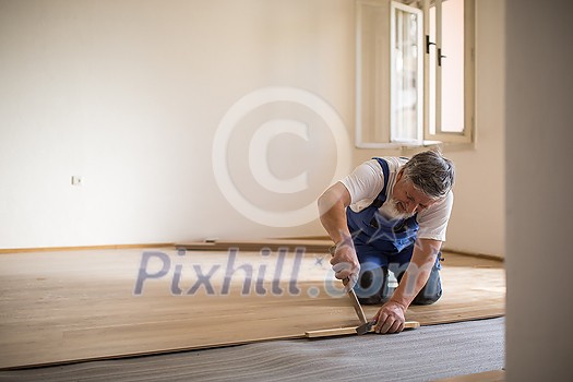DIY, repair, building and home concept - close up of male hands lying parquet floor board/laminate flooring (shallow DOF; color toned image) DIY, repair, building and home concept - close up of male hands lying parquet floor board/laminate flooring (shallow DOF; color toned image)