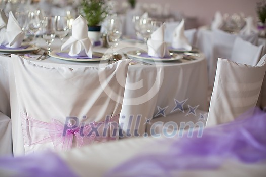 Lovely wedding venue - Wedding reception room, tables set and ready Lovely wedding venue - Wedding reception room, tables set and ready