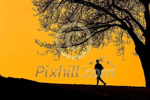 Silhouette of a young man running outdoors on a lovely sunny evening Silhouette of a young man running outdoors on a lovely sunny evening