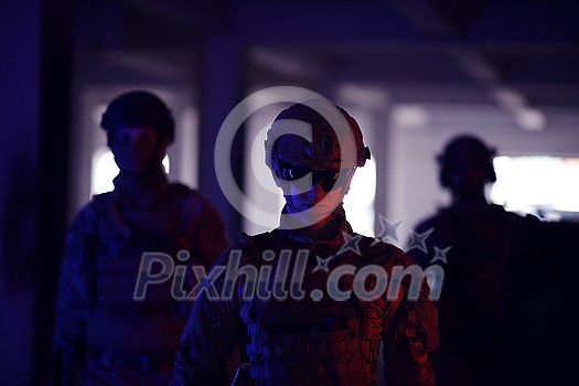 soldier squad team walking in urban environment colored neon lights soldier squad team walking in urban environment colored neon lights