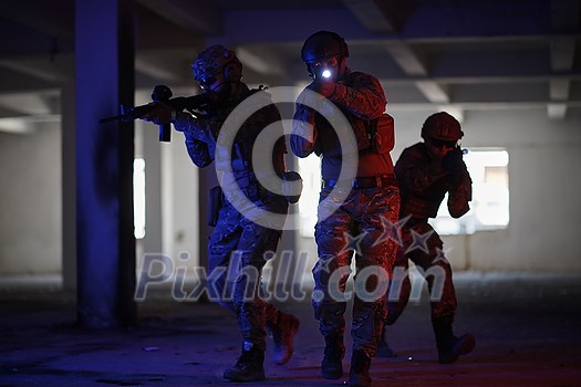 modern warfare soldiers team in tactical formation have action urban environment colored lighting modern warfare soldiers team in tactical formation have action urban environment colored lighting