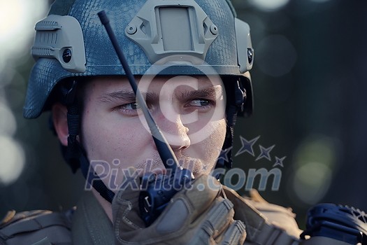 Modern Warfare Soldier Commander Officer Talking Portable Radio Station and Give Orders Subdivision Squad Modern Warfare Soldier Commander Officer Talking Portable Radio Station and Give Orders Subdivision Squad