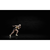 Young woman athlete running fast on dark background 
