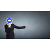 Unrecognizable businesswoman hiding her face behind mask and showing direction