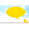 Yellow rubber duck toy on table with speech bubble