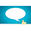 Yellow rubber duck toy on table with speech bubble