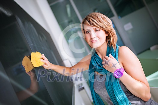 Pretty, young teacher writing on the chalkboard/blackboard during a math class (color toned image; shallow DOF) Pretty, young teacher writing on the chalkboard/blackboard during a math class (color toned image; shallow DOF)