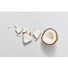 Freshly cut natural organic pieces of natural exotic coconut fruit on a light grey background with soft shadows, copy space. Vegetarian concept. Top view.