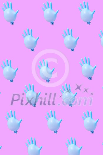 Pattern from flying blue rubber surgical gloves as balloons against a hot pink background. Pattern from flying blue rubber surgical gloves as balloons against a hot pink background.