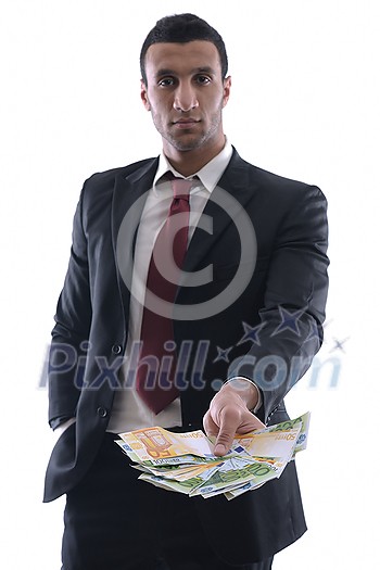 Portrait of a business man holding and catch falling money bills, isolated on white background in studio Portrait of a business man holding and catch falling money bills, isolated on white background in studio