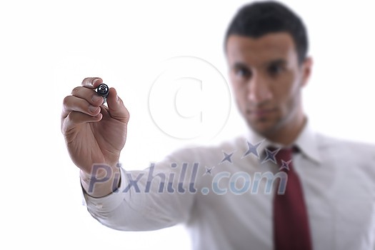 business man draw with marker on empty copy space isolated on white in studio business man draw with marker on empty copy space isolated on white in studio