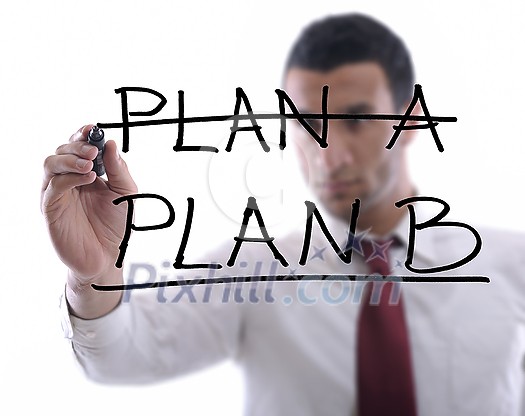 business man draw business solutions and plan b concept with marker on glass isolated on white background in studio business man draw business solutions and plan b concept with marker on glass isolated on white background in studio