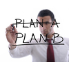business man draw business solutions and plan b concept  with marker on glass  isolated on white background  in studio