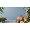 Summer healthy exotic fruits - passion fruit, coconut and mango with palm leaf on a gray wooden table on a blue Vegetarian healthy concept. Dolly out motion, 4K video, 3840, 2160p.