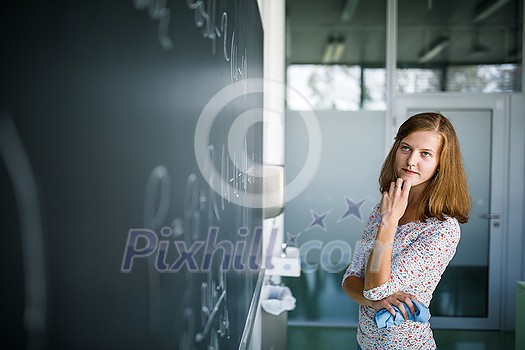 Pretty, young female student in front of a blackboard during math class Pretty, young female student in front of a blackboard during math class