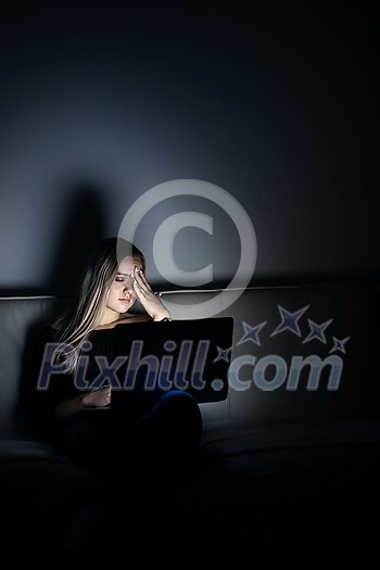 Teenage girl studying in a virtual class. Distance education and learning, e-learning, online learning concept during quarantine, pandemics Teenage girl studying in a virtual class. Distance education and learning, e-learning, online learning concept during quarantine, pandemics
