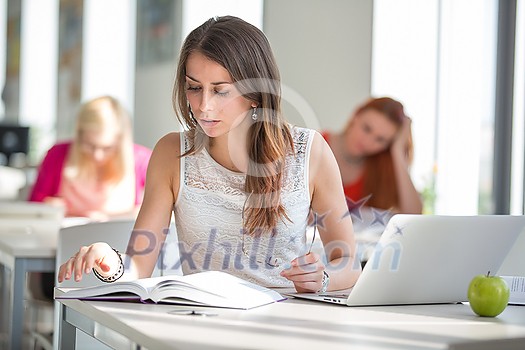 Pretty young college student in a library (shallow DOF; color toned image) Pretty young college student in a library (shallow DOF; color toned image)