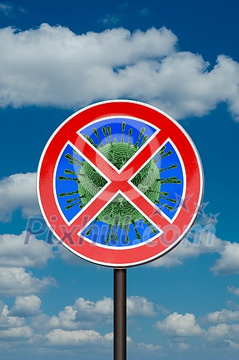 Forbbiden sign with crossed out Coronavirus, Covid-19 molecule on the background of blue cloudy sky. Restriction of air communication between countries. Global calamity. Quarantine concept. Forbbiden sign with crossed out Coronavirus, Covid-19 molecule on the background of blue cloudy sky. Restriction of air communication between countries. Global calamity. Quarantine concept.