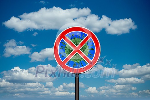 Prohibition sign with crossed out Coronavirus, Covid-19 molecule on the background of blue cloudy sky. Restriction of air communication between countries. Global calamity. Quarantine concept. Prohibition sign with crossed out Coronavirus, Covid-19 molecule on the background of blue cloudy sky. Restriction of air communication between countries. Global calamity. Quarantine concept.