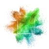 Creative square frame with abstract splash from colorful powder or dust on a white background, copy space.
