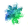 Abstract chaotic powder or dust explosion in green and blue colors on a white background with copy space.