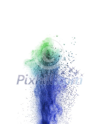 Vertical colorful powder splash or explosion in green and blue colors on a white background, copy space. Vertical colorful powder splash or explosion in green and blue colors on a white background, copy space.