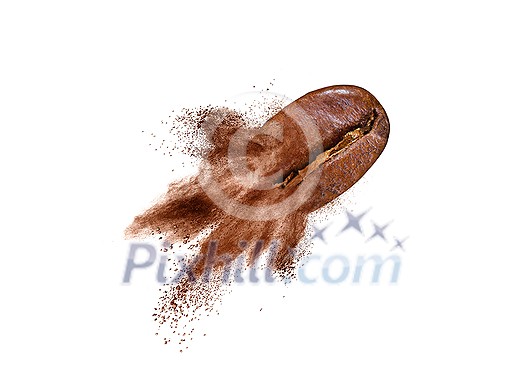 Creative picture from flying coffee bean with powder explosion on a white background, copy space. Creative picture from flying coffee bean with powder explosion on a white background, copy space.
