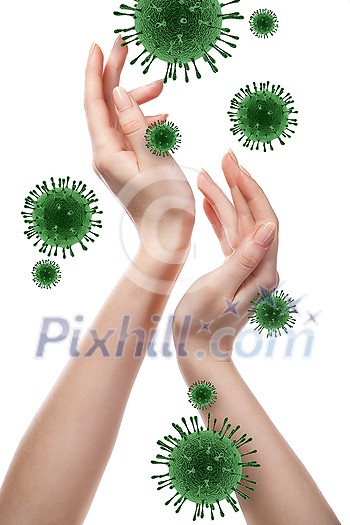 Female's hands with flying models of Coronavirus molecules on a white background, copy space. Concept of regular handwashing as a preventive method during pandemic of Coronavirus, Covid-19. Female's hands with flying models of Coronavirus molecules on a white background, copy space. Concept of regular handwashing as a preventive method during pandemic of Coronavirus, Covid-19.