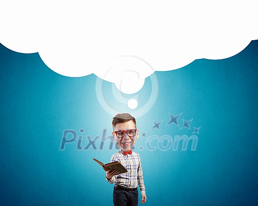 Funny big headed man in glasses with book in hands Funny big headed man in glasses with book in hands