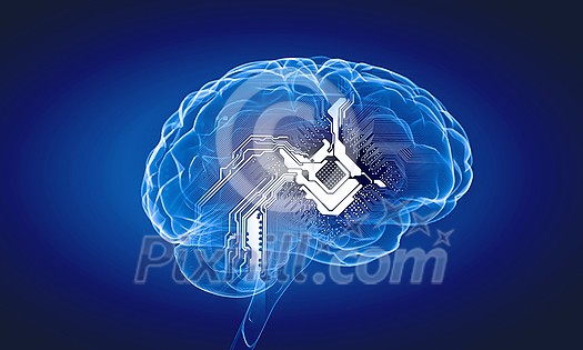 Science image with human brain on blue background Science image with human brain on blue background