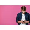 a portrait of a young man wearing a blue shirt and sunglasses using a smartphone with different facial expressions