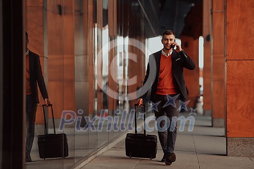 Came To Airport. Man Traveller Walking With Suitcase Outdoors And Using Smartphone. High-quality photo Came To Airport. Man Traveller Walking With Suitcase Outdoors And Using Smartphone. High-quality photo