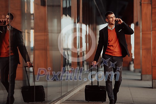 Came To Airport. Man Traveller Walking With Suitcase Outdoors And Using Smartphone. High-quality photo Came To Airport. Man Traveller Walking With Suitcase Outdoors And Using Smartphone. High-quality photo