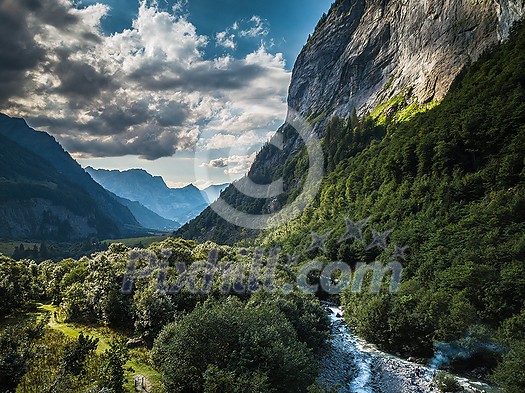 Aerial top view of summer green trees in forest with a splendid mountain river in Swiss Alps Aerial top view of summer green trees in forest with a splendid mountain river in Swiss Alps