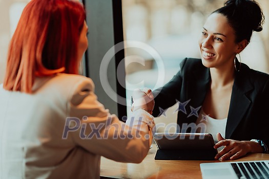 One-on-one meeting.Two young businesswomen sitting at a table in a cafe.Girl using laptop, smartphone, blogging. Teamwork, business meeting. Freelancers working.