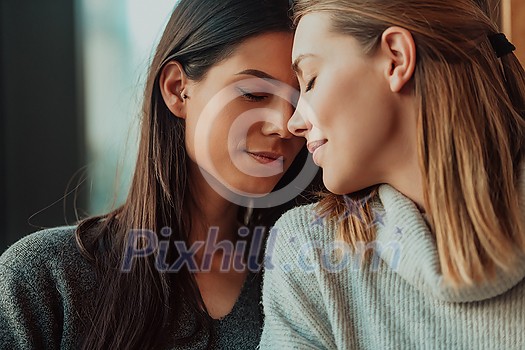 two lgbt girls romantically embracing sitting in a modern cafe two lgbt girls romantically embracing sitting in a modern cafe