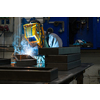 Professional welder performs work with metal parts in factory, sparks and electricity. Industry worker banner. High quality photo