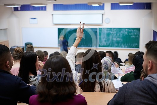 Rear view of female student sitting in the class and raising hand up to ask question during lecture. High school student raises hand and asks lecturer a question. Rear view of female student sitting in the class and raising hand up to ask question during lecture. High school student raises hand and asks lecturer a question.