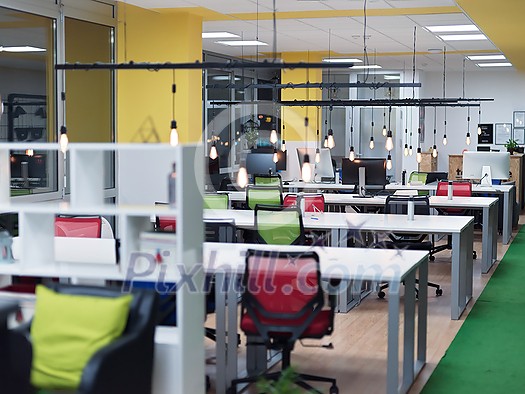 empty modern startup open space office interior with computer screens and designer furniture empty modern startup open space office interior with computer screens and designer furniture