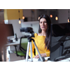business woman have online meeting in modern open space coworking office as influencer making podcat or tutorial videos