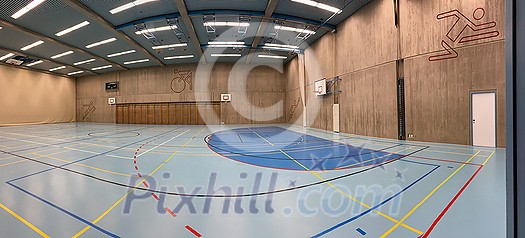 Interior of empty modern gymnasium - basketball, floorball, badminton, velleyball, soccer indoor sport courts Interior of empty modern gymnasium - basketball, floorball, badminton, velleyball, soccer indoor sport courts