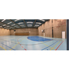 Interior of empty modern gymnasium - basketball, floorball, badminton, velleyball, soccer indoor sport courts