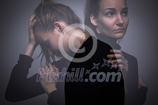 Depressed mid-aged woman at home feeling sad, lonely, anxious (color toned image, double exposure image)