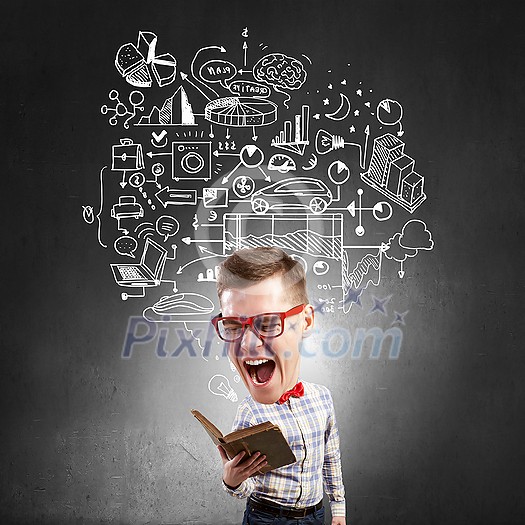Young funny big headed man in glasses with book in hands Young funny big headed man in glasses with book in hands
