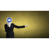Unrecognizable businesswoman hiding her face behind mask and showing direction